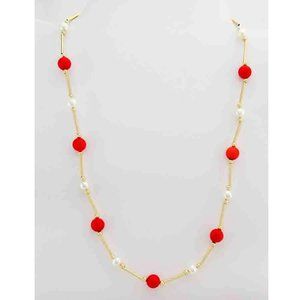 Genuine Coral & Pearl Collar Necklace 14K Yellow Gold